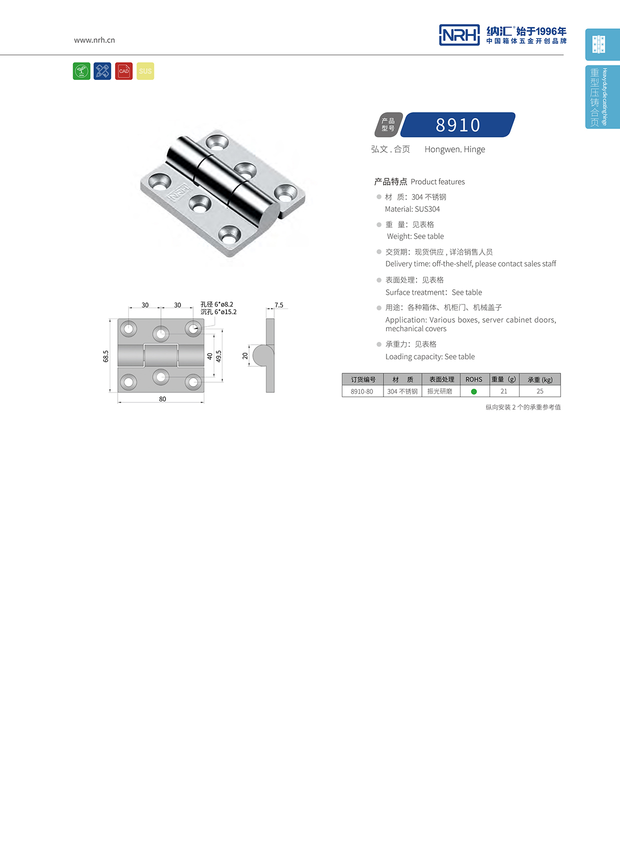  納匯/NRH 8910-80 機柜箱鉸鏈