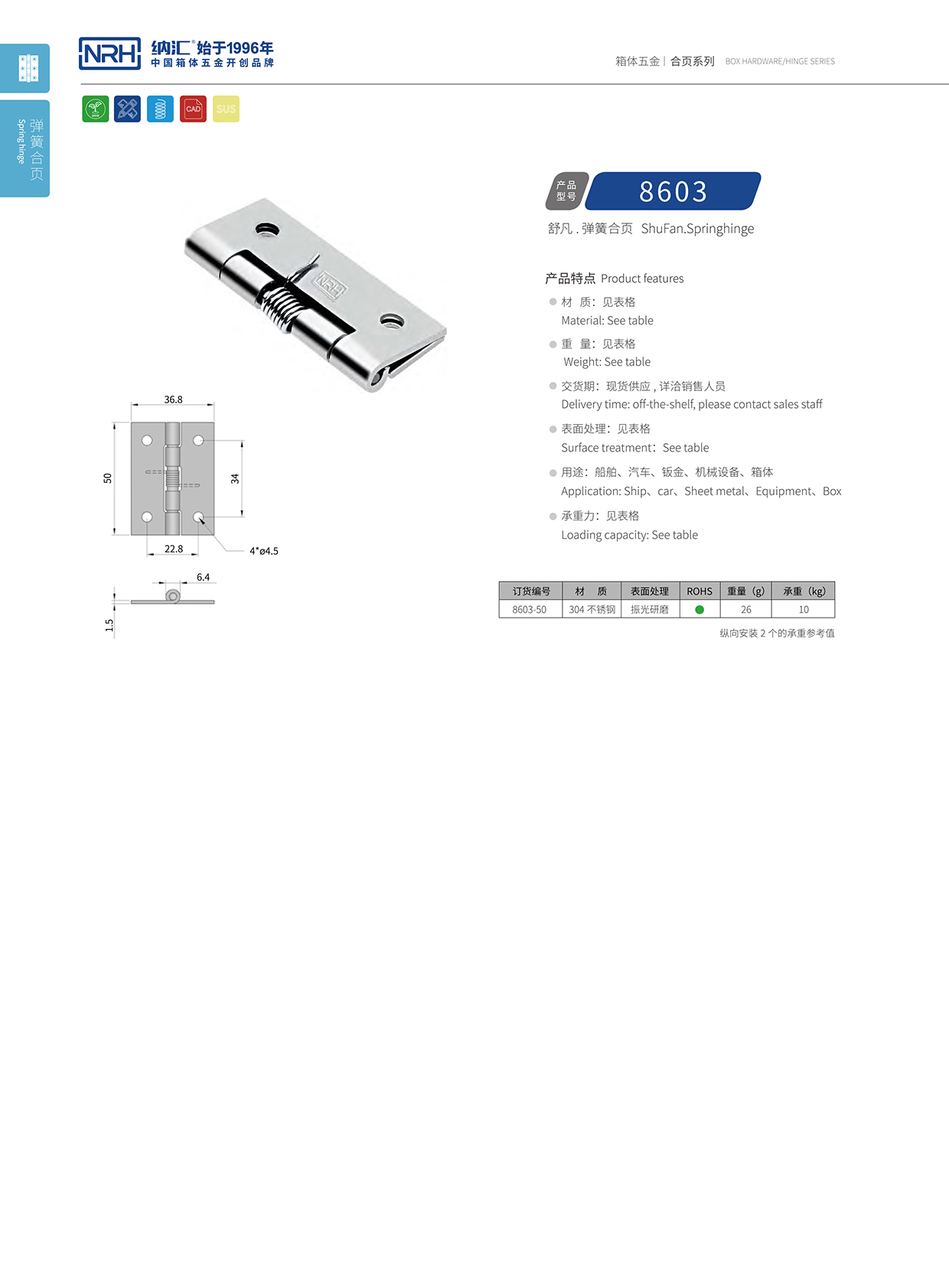 納匯/NRH 8603-50 滾塑箱不銹鋼合頁(yè)